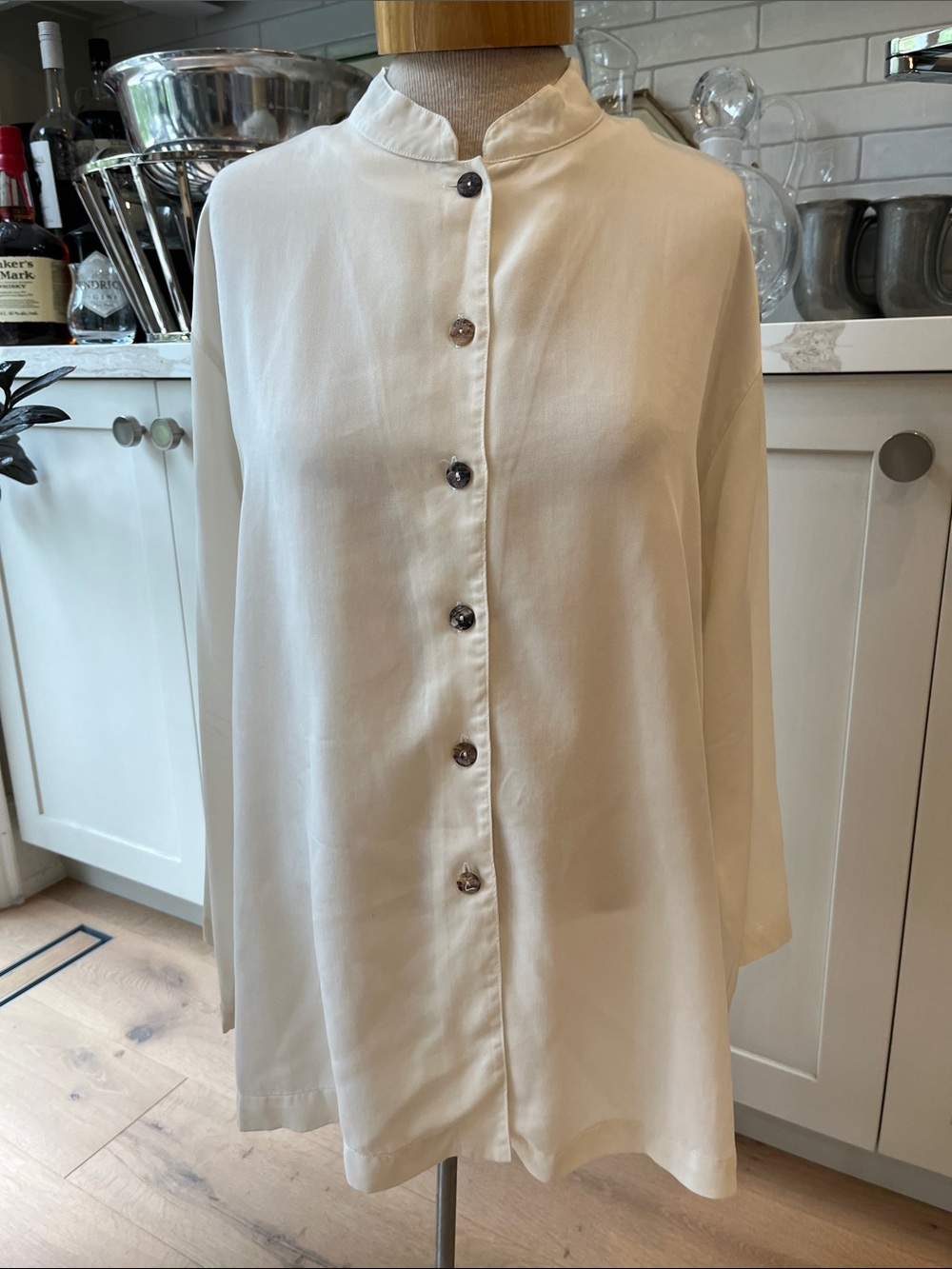 Bryn Walker Cream Button-Down Mandarin Collar Tencel Long Sleeve Blouse